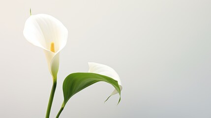 Obraz premium a white flower with a green stem sticking out of it's center, with a light gray back ground and a light gray back ground behind it, with only a single flower in the foreground.
