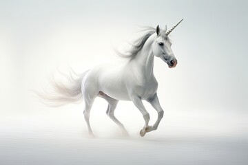 A majestic white horse with a flowing mane, running freely in a snowy scenery. - obrazy, fototapety, plakaty