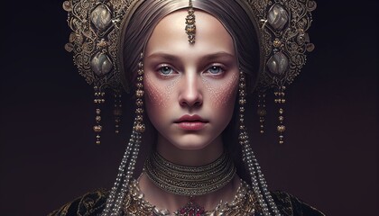 A model adorned with ornate headpieces and jewelry, drawing inspiration from the regal portraits of...