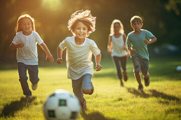 A joyful outdoor scene of active children playing football together in the park, showcasing the...