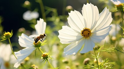 Obraz premium A close-up of a drone fly that is commonly used for collecting pollen from a cosmos tree in a field