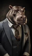 Hippopotamus dressed in an elegant grey suit, standing as a confident leader and a powerful businessman. Fashion portrait of an anthropomorphic animal, hippo, posing with a charismatic human attitude © mozZz