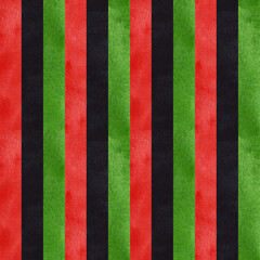 Stripes seamless pattern, red black green yellow. Black history month, Africa day, Juneteenth, Kwanzaa holiday. Hand drawn watercolor illustration background. For printing textile, fabrics, packaging