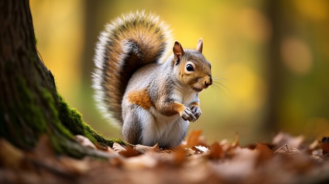 A close-up image shows a european squirrel eating a peanut.