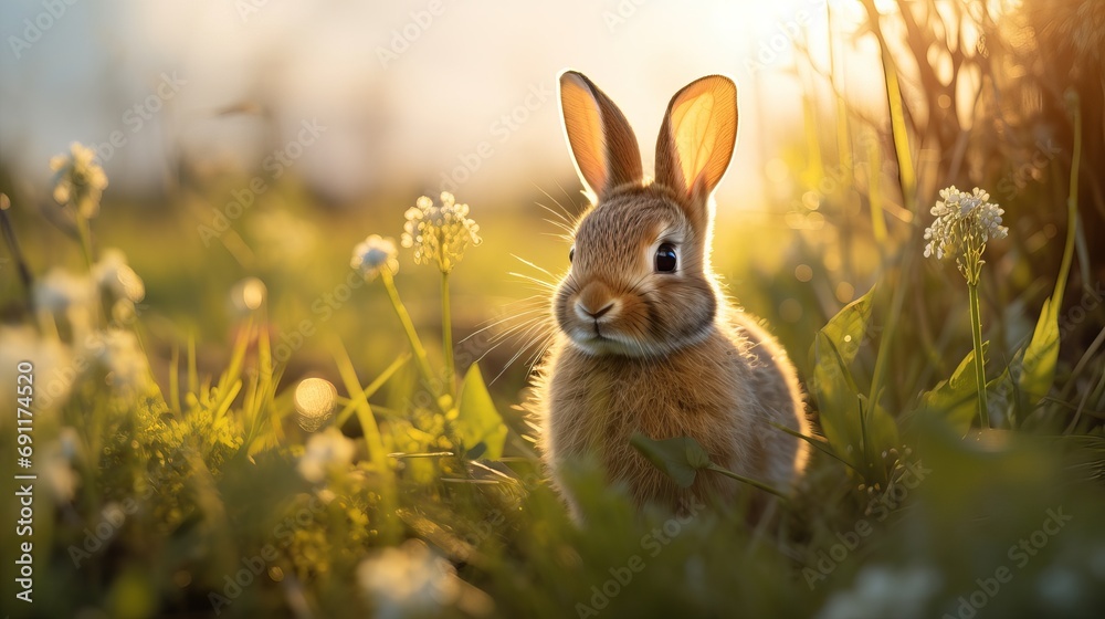 Wall mural A close-up shot of a charming bunny on a field. - Wall murals