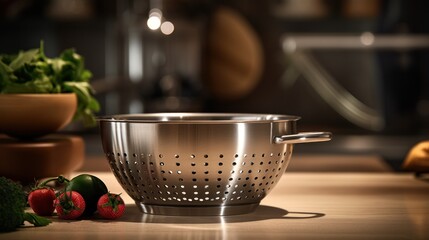  a metal colander sitting on top of a wooden table next to a bowl of broccoli and a bowl of strawberries and a bowl of strawberries. - obrazy, fototapety, plakaty