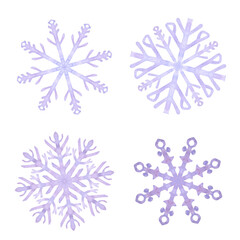 Set of snowflakes, blue lilac frost crystals. Symbol of winter, cold weather. New Year and Christmas holiday card. Hand drawn watercolor illustration isolated on white background.