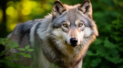 A close-up shot of a grey wolf with a fiery expression and greenery in the background.