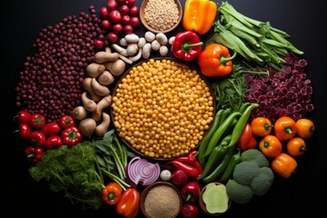Colorful assortment of fresh vegetables and fruits arranged in flat lay style on dark background