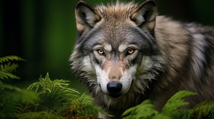 A close-up shot of a grey wolf with a fiery expression and greenery in the background.