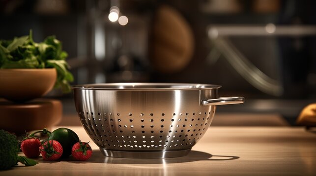  A Metal Colander Sitting On Top Of A Wooden Table Next To A Bowl Of Broccoli And A Bowl Of Strawberries And A Bowl Of Strawberries.