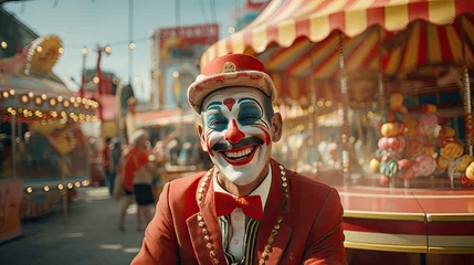 Foto op Aluminium Cheerful clown in colorful costume at a vibrant carnival with festive booths and lights in the background. © Rene Grycner