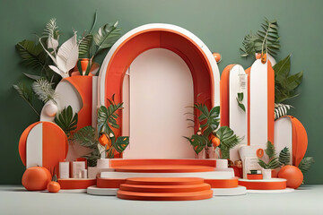 Set of red and white 3D orange background with products podium arch shape and green lea - obrazy, fototapety, plakaty