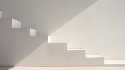  a set of white stairs leading up to the top of a set of stairs in a white room with light coming in from the top of one of the stairs.