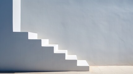  a white staircase going up to the top of a white building with a blue sky in the background of the picture and a white wall in the background.