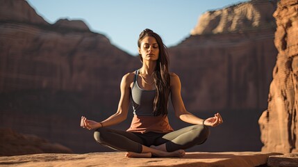 Fototapeta na wymiar Woman practicing yoga in a serene desert landscape at sunset.