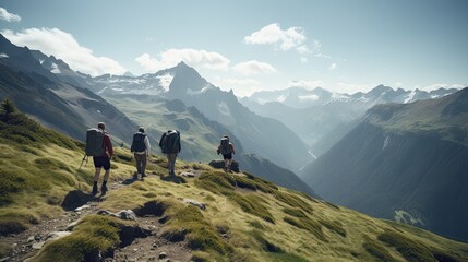 Group of hikers trekking in scenic mountain landscape with lush greenery and majestic peaks under a clear blue sky. - obrazy, fototapety, plakaty