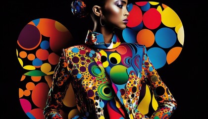 A model in a vibrant, abstract-printed outfit reminiscent of Kandinsky's bold compositions.