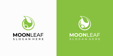 Moon and green leaf vector logo design