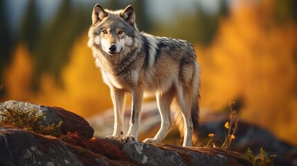 A wolf standing on a rock is shown in a close-up shot.