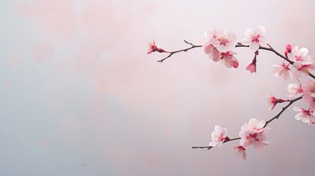  a branch of a blossoming cherry tree with pink flowers on a pale blue and pink background with copy - space in the upper left corner of the picture and bottom right corner.