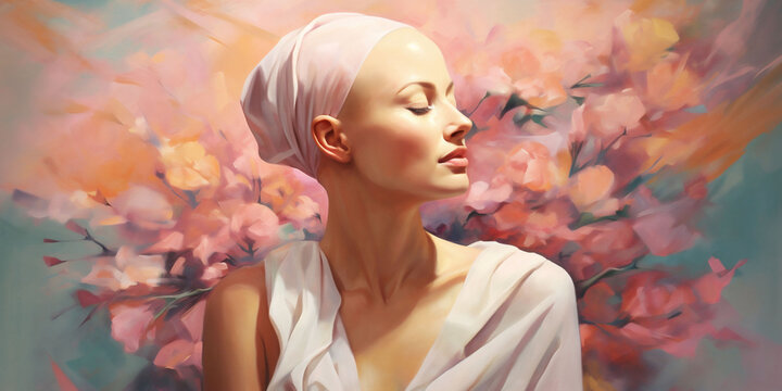 Side profile of a bald woman with cancer after chemotherapy and no hair closed eyes on a pink painting with roses. Portrait of a beautiful baled fashion model. World Cancer Day Banner.
