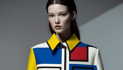 A model wearing a structured outfit inspired by Mondrian's iconic geometric compositions.