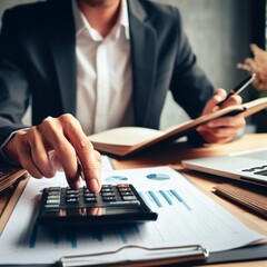 professional business person working on calculator, accountant, economist, calculates report, salary, businessman calculates profit - obrazy, fototapety, plakaty