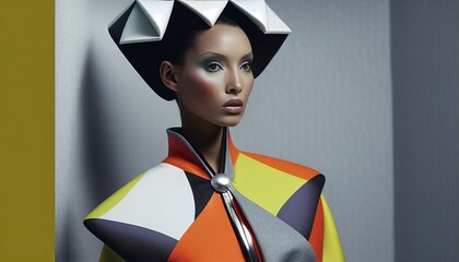A model wearing an avant-garde ensemble, with exaggerated shapes and angles reminiscent of...