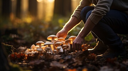 A man's hands are seen picking up mushrooms in the forest during autumn and there is space for text in the background of autumn trees.