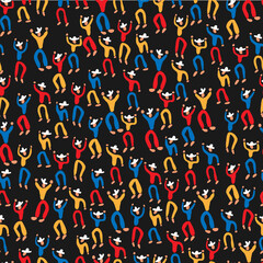Venezuelan folklore dance party pattern in primary colors on dark background. Vector seamless pattern design for textile, fashion, paper and wrapping. 
