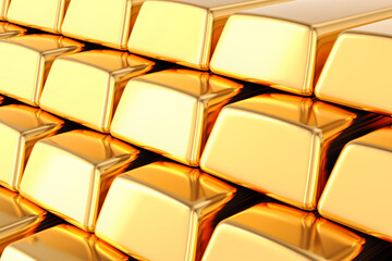 Background from gold ingots, golden bars. 3D rendering
