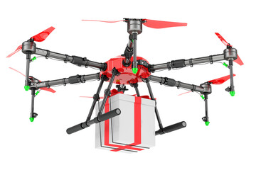 Naklejka premium Drone with gift box, 3D rendering isolated on transparent background