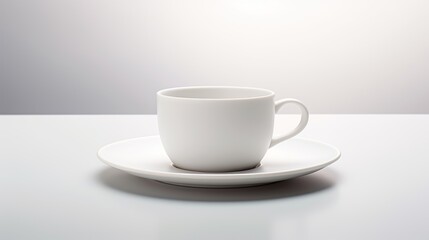  a white coffee cup sitting on top of a white saucer on top of a white plate on top of a white tablecloth with a white wall in the background.