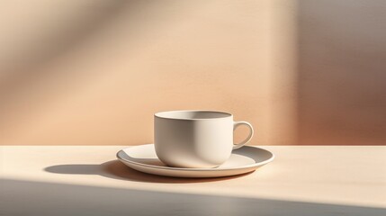  a white coffee cup sitting on top of a saucer on top of a white plate on top of a white table next to a white wall and a window.