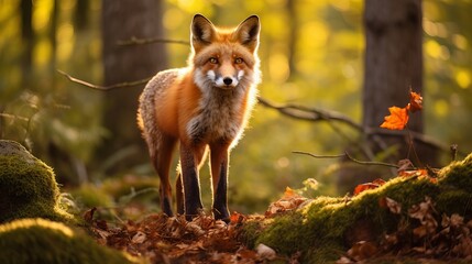 European forests are where red fox vulpes can be found. - obrazy, fototapety, plakaty