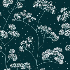 Winter branches cover in falling snow blue pattern. Vector seamless pattern design for textile, fashion, paper, packaging and branding. 