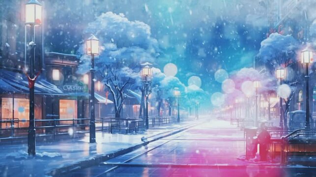 Cityscape at night in the snowy season road by the house house lights on Seamless looping time-lapse animation background. Generative AI