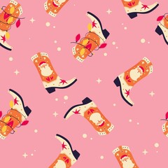 Christmas cowboy boots with Santa Claus and Christmas lights on pink background, seamless pattern. Cute festive winter holiday illustration. Bright colorful design. - 691178913