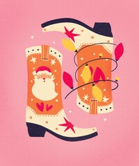 Christmas cowboy boots with Santa Claus and Christmas lights on pink background. Cute festive winter holiday greeting card illustration. Bright colorful design.