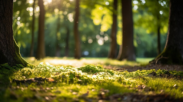 Dreamy and serene image of defocused green trees in forest with sunbeams filtering through foliage creating peaceful natural backdrop, AI Generated