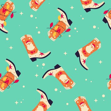 Christmas cowboy boots with Santa Claus and Christmas lights on mint background, seamless pattern. Cute festive winter holiday illustration. Bright colorful design.