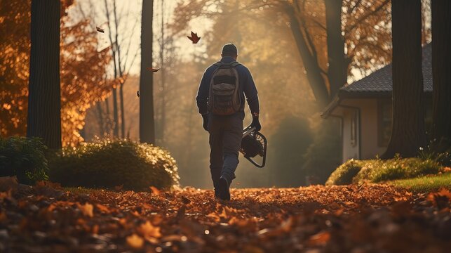 The senior gardener is using a leaf blower to clear the public area of leaves during autumn. a front view of the area.