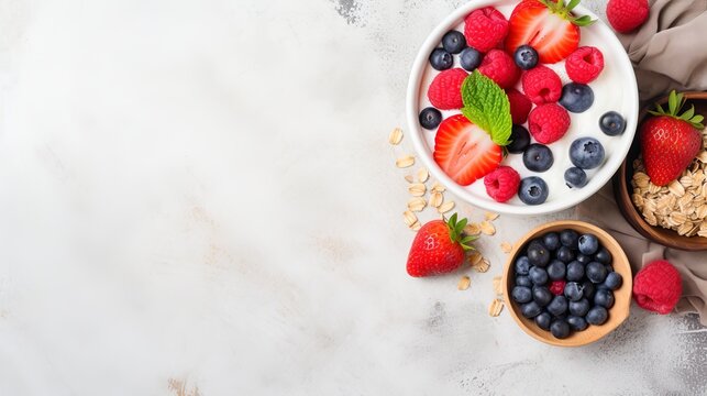 A concrete background and muesli yogurt and seasonal berries are seen in the top view of a healthy breakfast