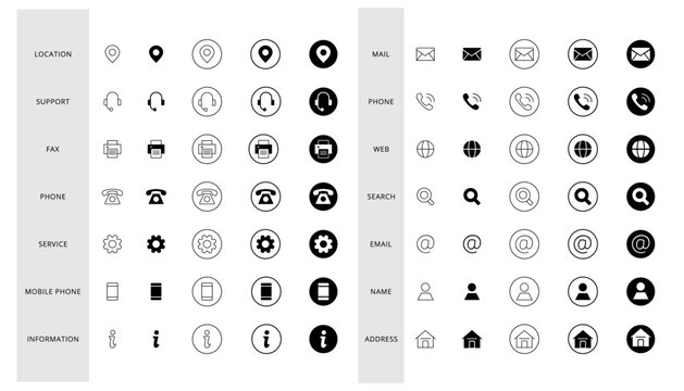 Contact Us Icons. Set Of Outline And Glyph Style Contact Icon Isolated On White Background Includes Location, Support, Fax, Setting, Mobile, Info, Mail, Phone, Search, Website, Email And Address Icon