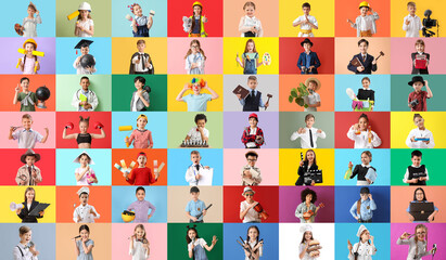 Set of children in uniforms of different professions on color background