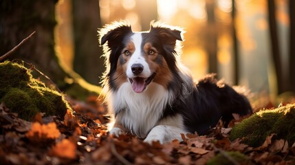 A vertical image of a border collie dog in a forest during the autumn season