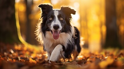 A vertical image of a border collie dog in a forest during the autumn season