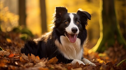A vertical image of a border collie dog in a forest during the autumn season - obrazy, fototapety, plakaty
