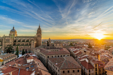 View of the cathedral and the city of Salamanca at sunset from the Clerecia towers.